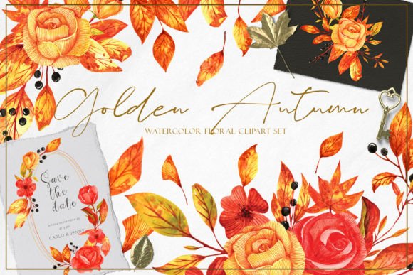 Golden Autumn Florals: Clipart for Elegant Wedding Stationery